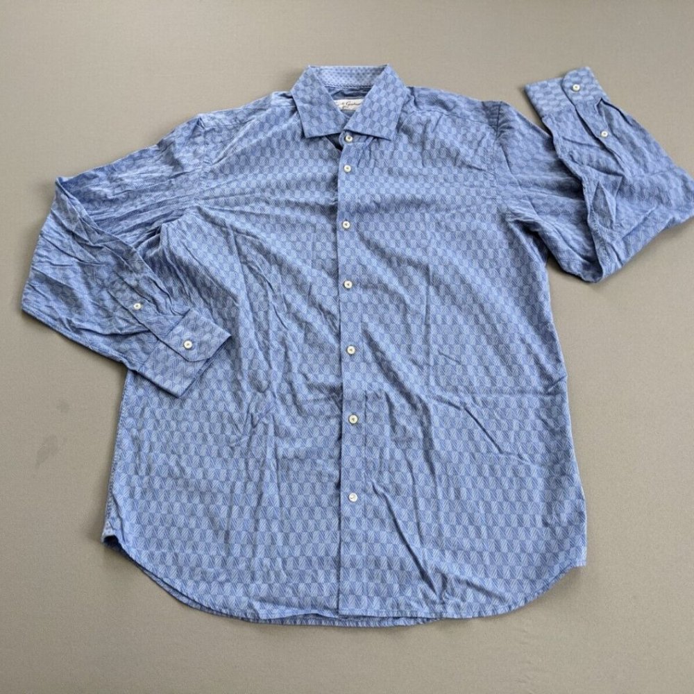Robert Graham Size 17 Men Button Up Dress Shirt Blue Herringbone Long Sleeve EUC